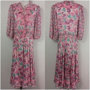 Vintage 80s Diane Freis Women's Multicolored Leaves Striped Midi Dress Artsy